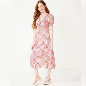 Junior Floral Pink Midi Dress with Puff Sleeves
